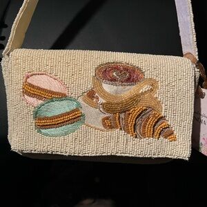 Artisan Beaded Shoulder Bag with Coffee and Macaron Design